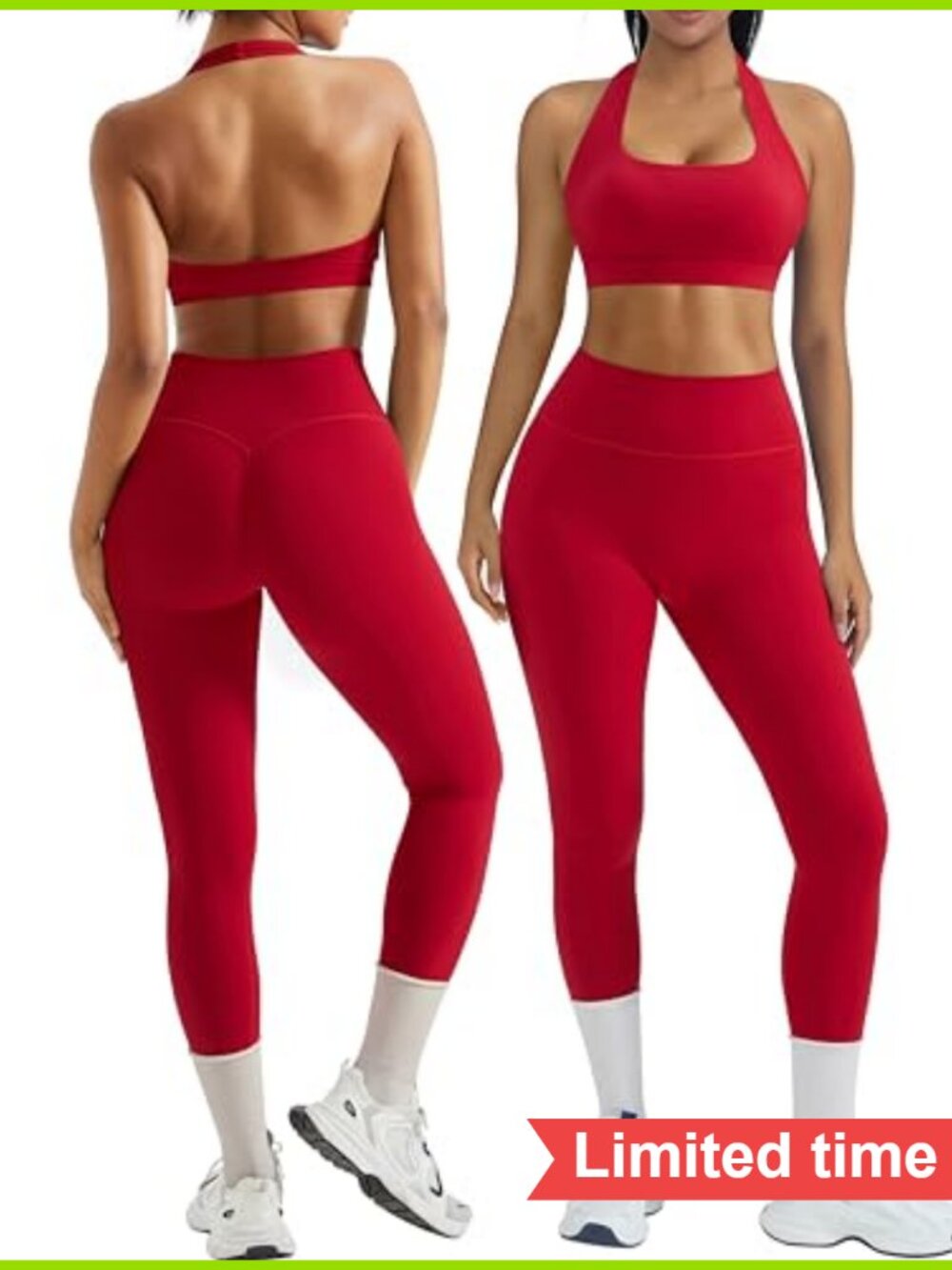 2 Piece Workout Sets Halter Sports Bra Scrunch Leggings Medium Support